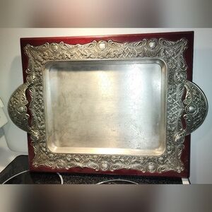 Intricate Silver and Red Serving Tray